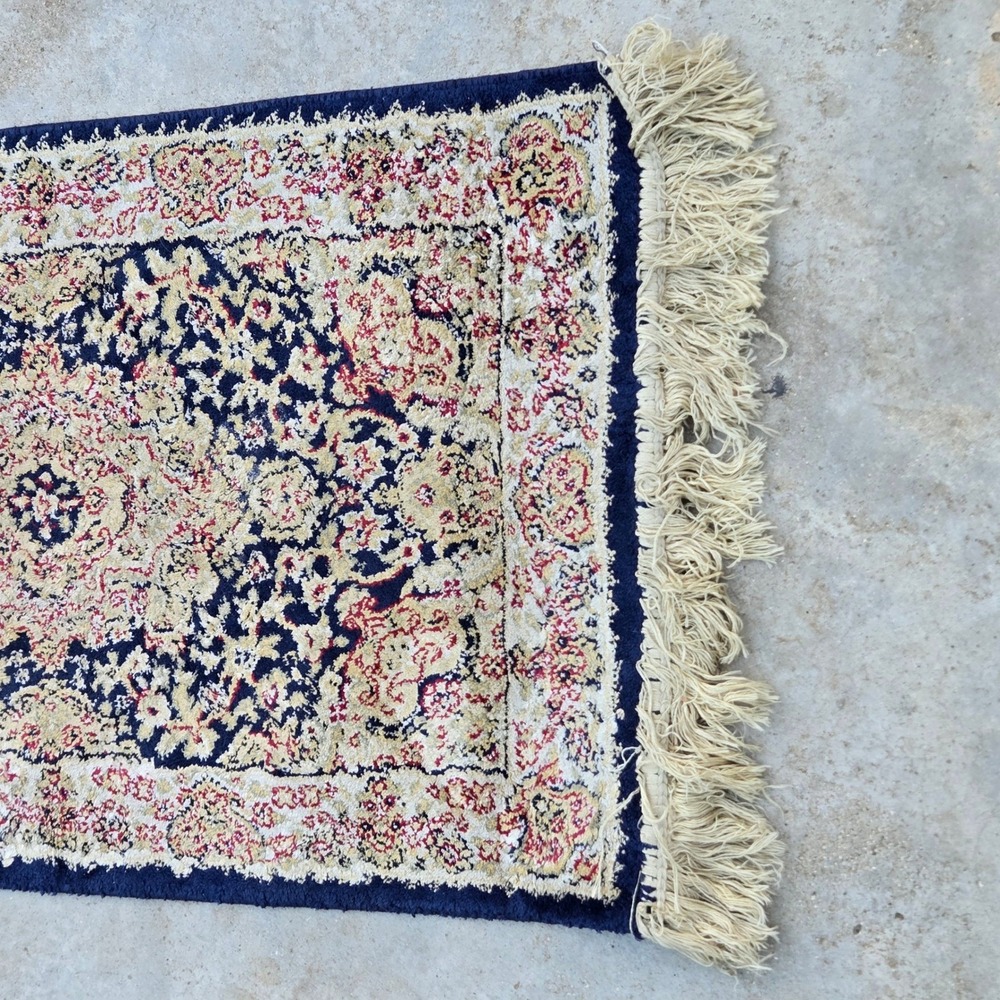 Vintage Navy Blue Medallion Accent Rug Ivory Cream Fringe Traditional Floral 2x3 - Picture 7 of 8